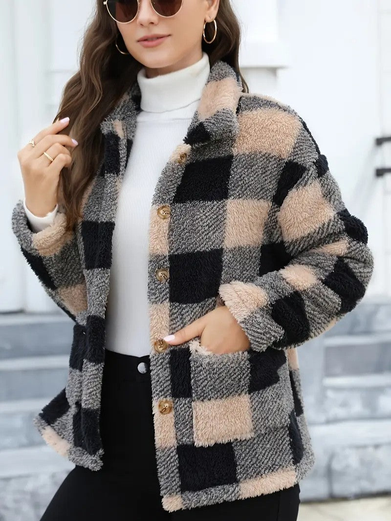 Plaid Button Teddy Jacket with Pockets