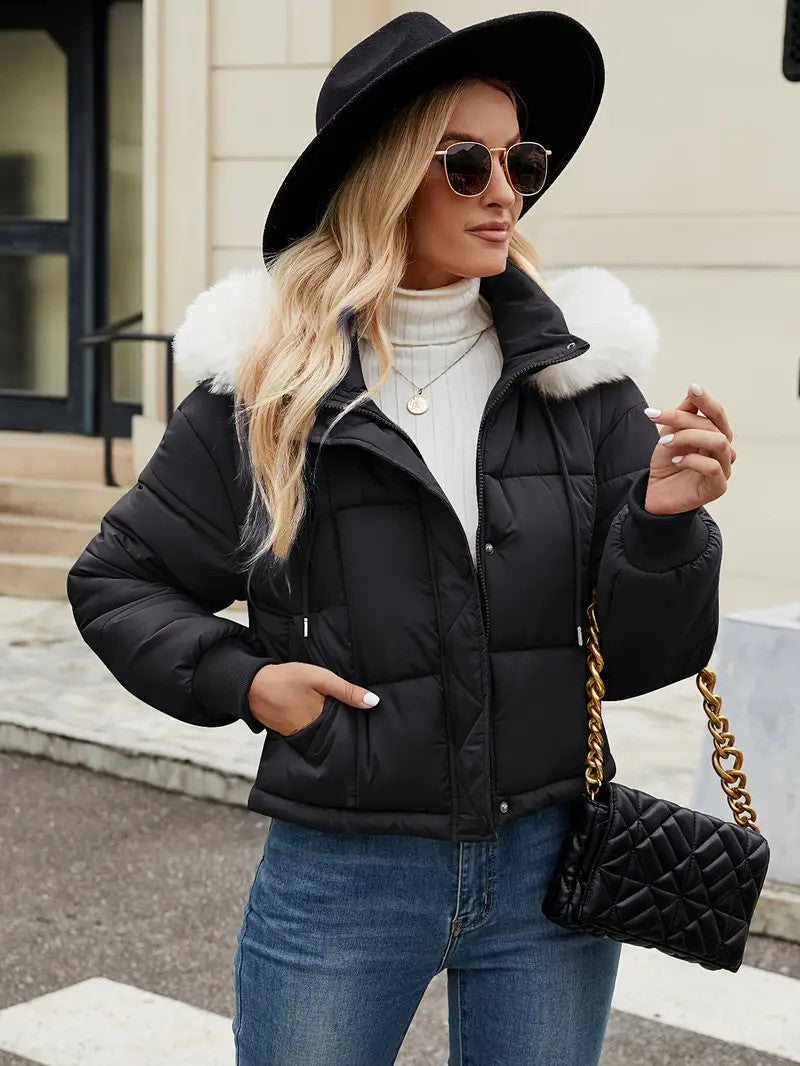 Faux Fur Hooded Short Puffer Jacket
