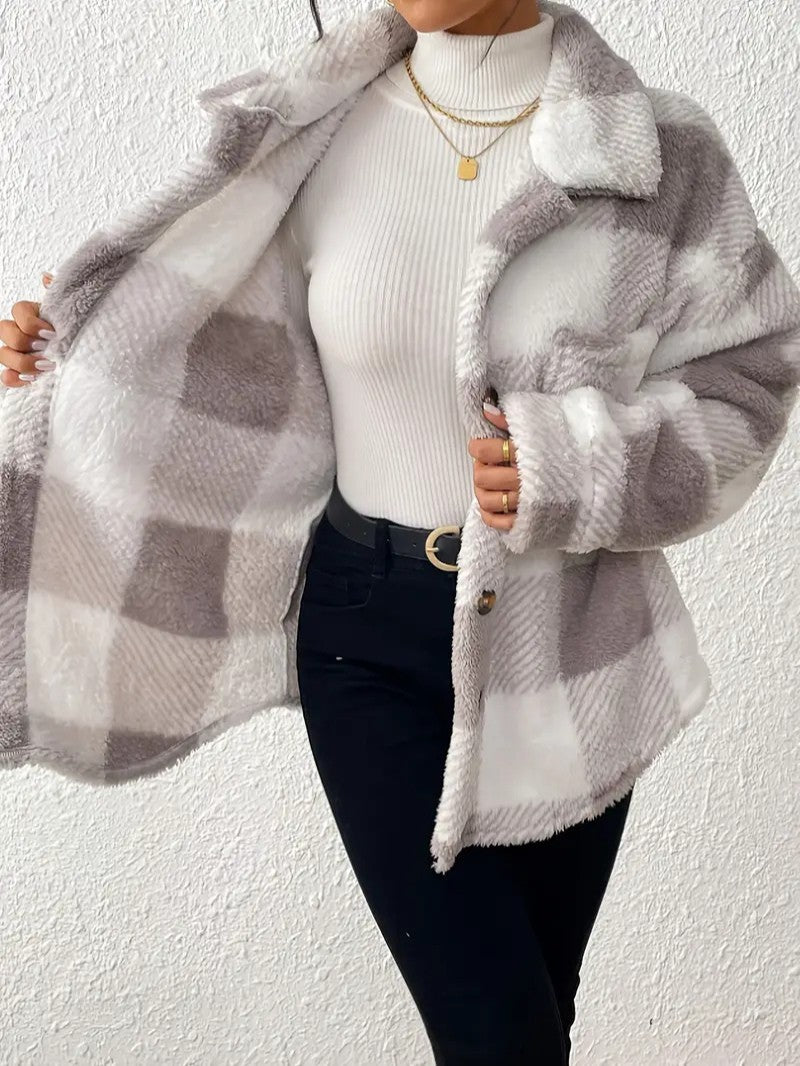 Elegant Plaid Fleece Button Jacket