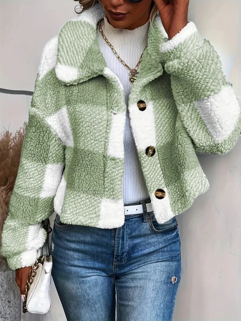 Cozy Plaid Button-Front Teddy Jacket