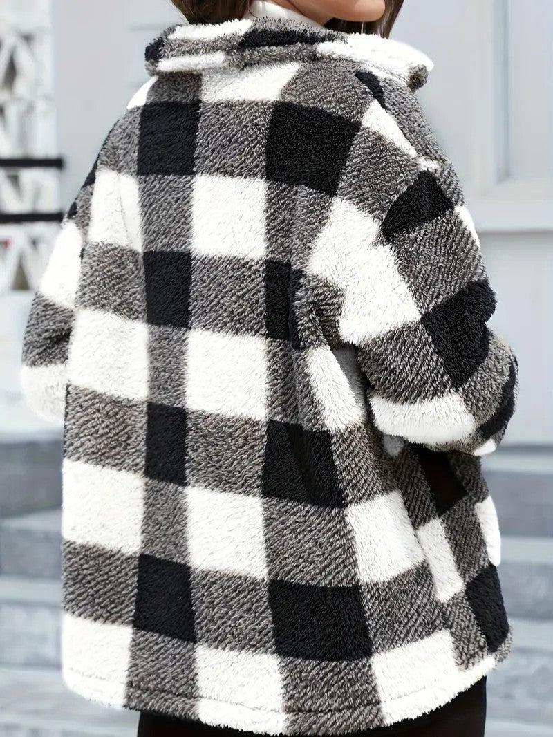 Plaid Button Teddy Jacket with Pockets