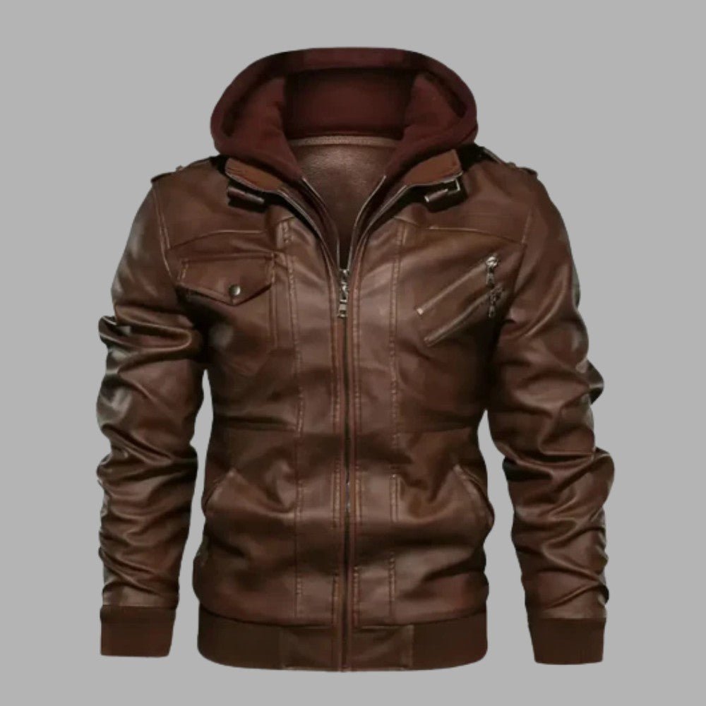 Detachable Hood Leather Jacket - Men's Leather Jacket - Wild Eye Vision