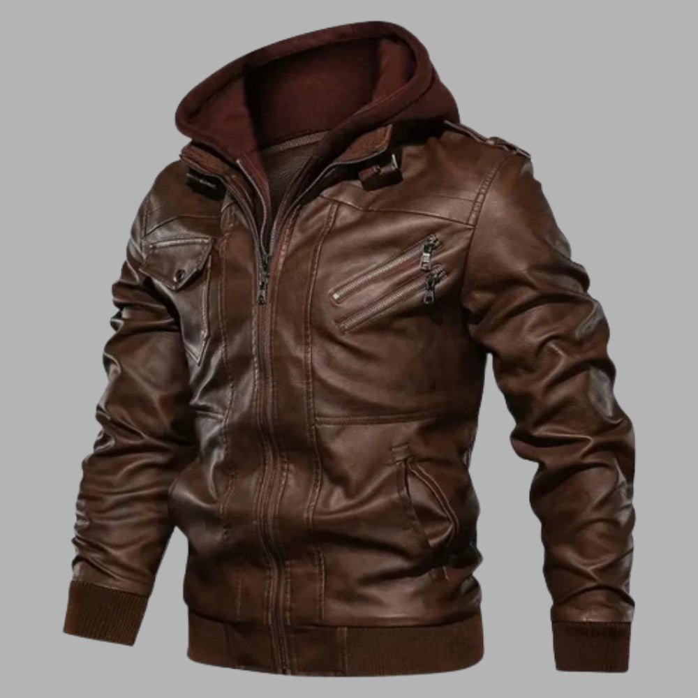 Detachable Hood Leather Jacket - Men's Leather Jacket - Wild Eye Vision