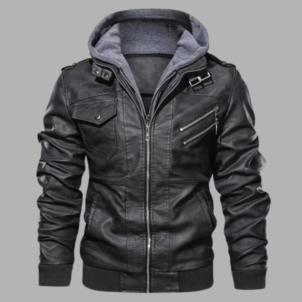 Detachable Hood Leather Jacket - Men's Leather Jacket - Wild Eye Vision