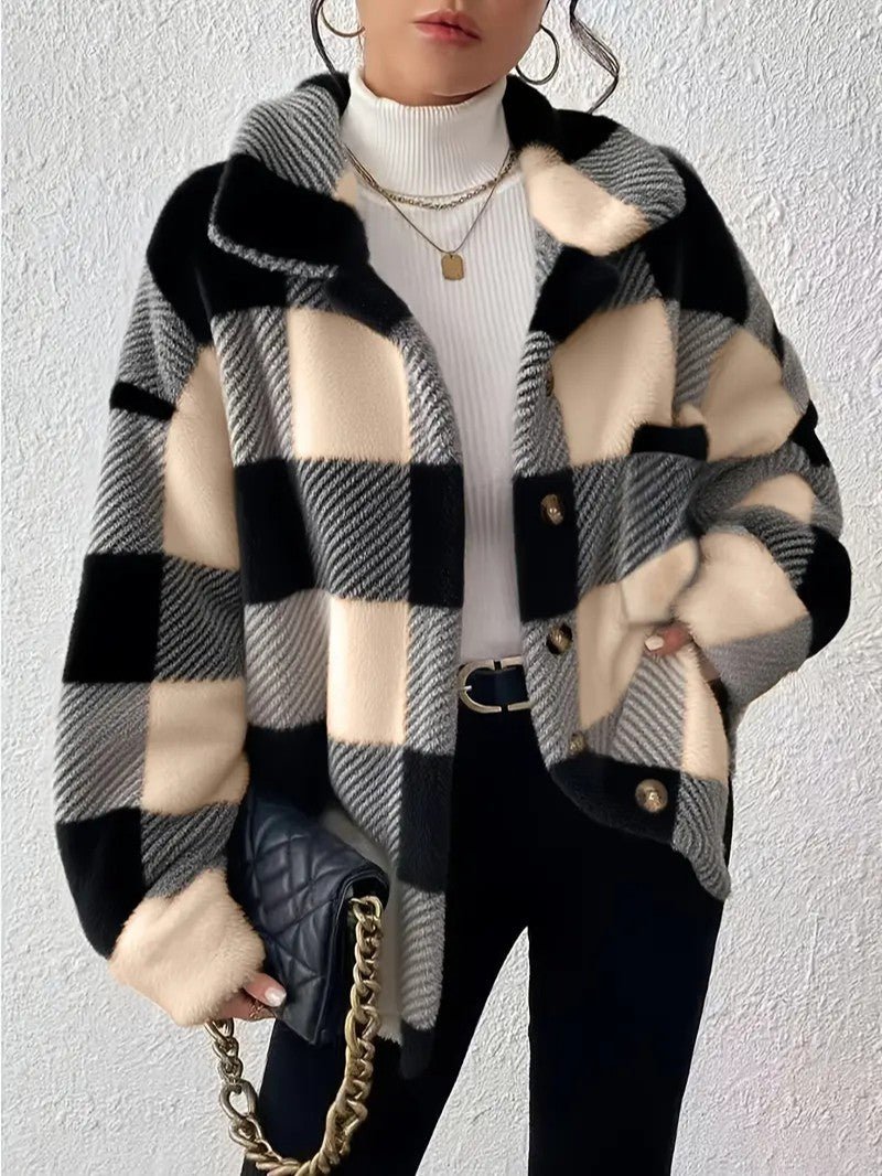 Elegant Plaid Fleece Button Jacket - Women's Winter Jacket - Wild Eye Vision
