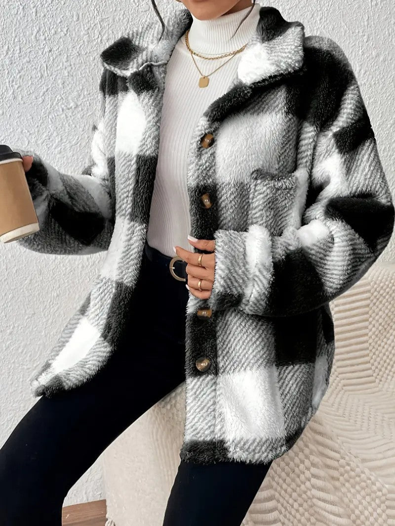 Elegant Plaid Fleece Button Jacket - Women's Winter Jacket - Wild Eye Vision