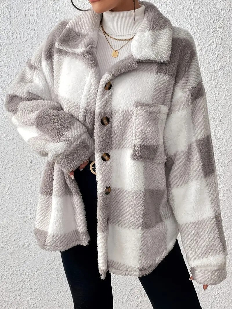 Elegant Plaid Fleece Button Jacket - Women's Winter Jacket - Wild Eye Vision