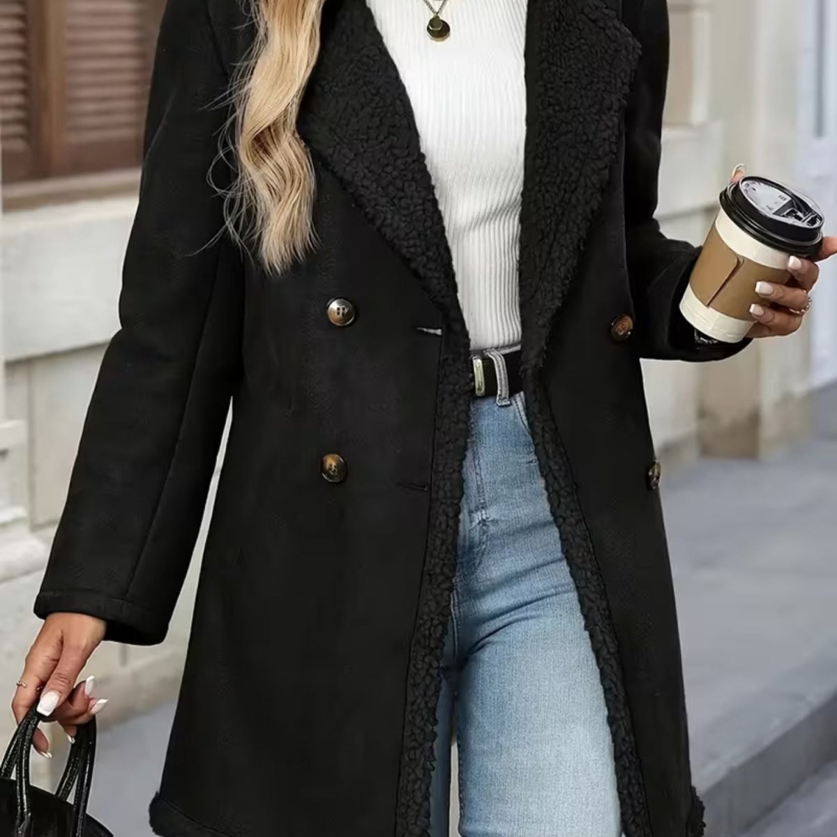 Faux Shearling Lapel Coat - Women Coat - Wild Eye Vision