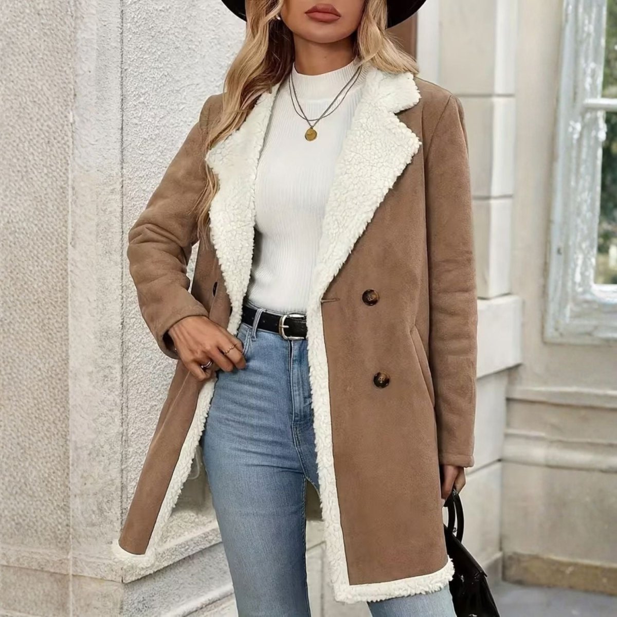 Faux Shearling Lapel Coat - Women Coat - Wild Eye Vision