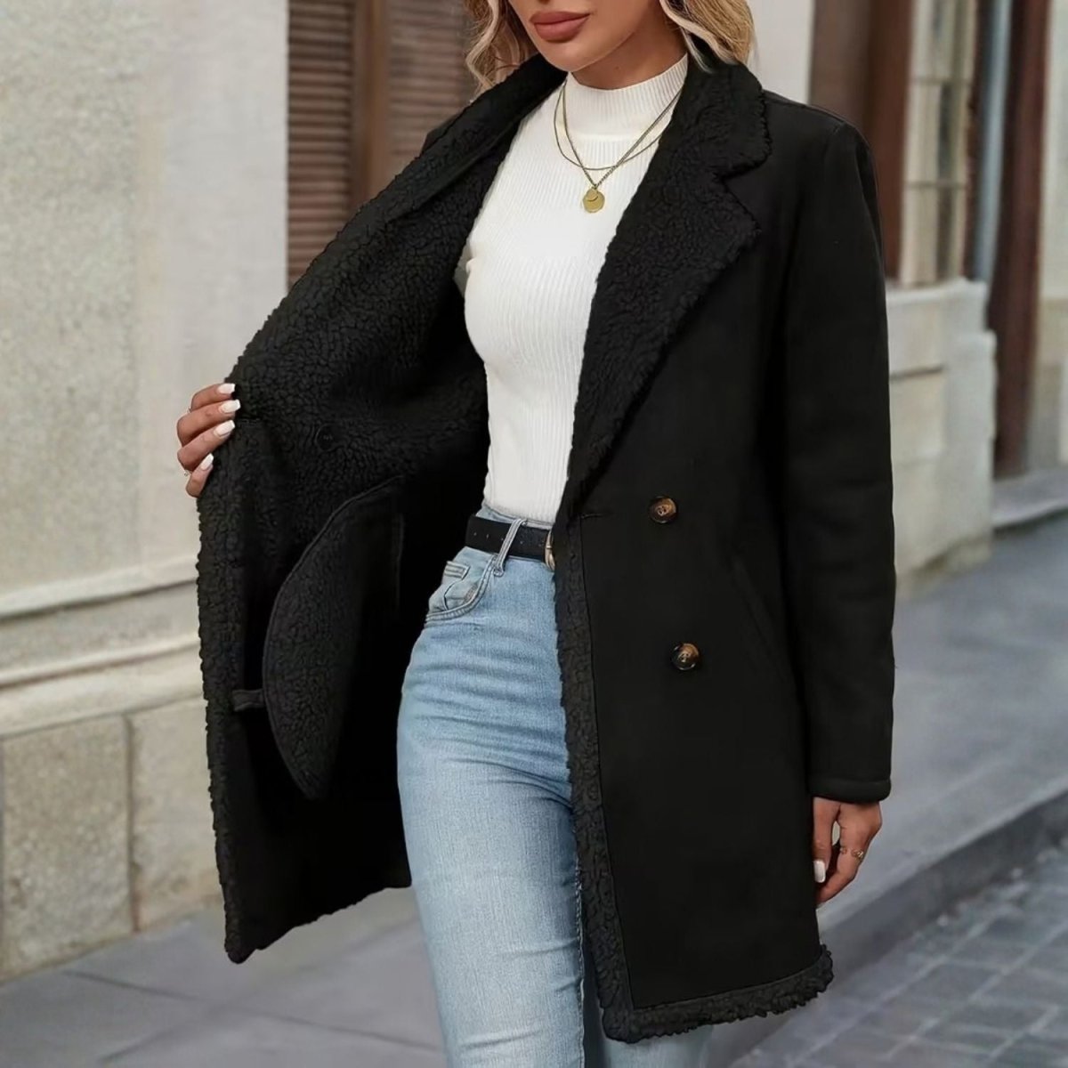 Faux Shearling Lapel Coat - Women Coat - Wild Eye Vision