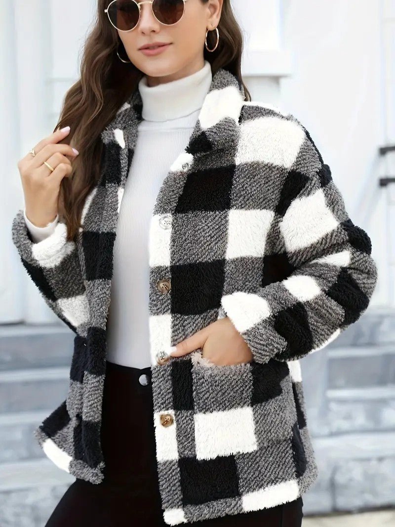 Plaid Button Teddy Jacket with Pockets - Women's Winter Jacket - Wild Eye Vision