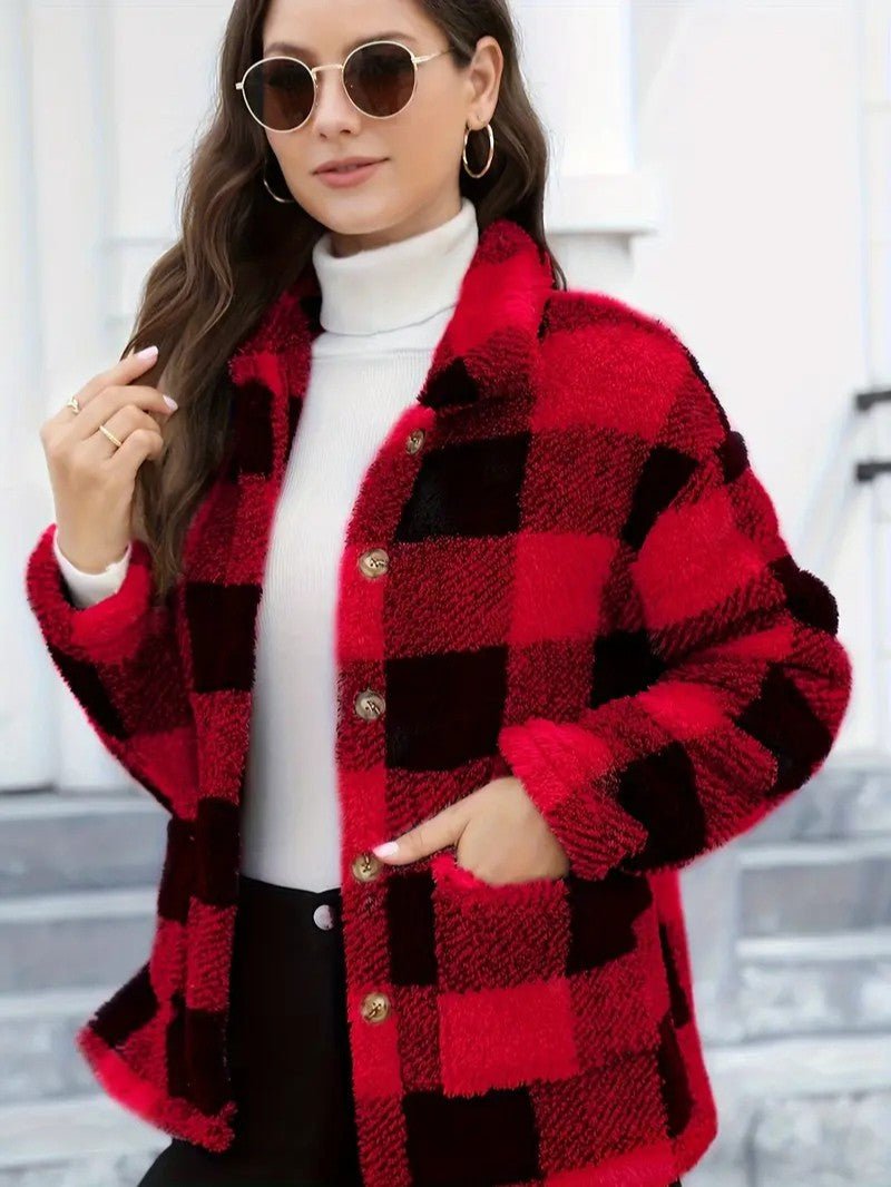 Plaid Button Teddy Jacket with Pockets - Women's Winter Jacket - Wild Eye Vision