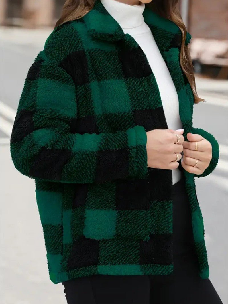 Plaid Button Teddy Jacket with Pockets - Women's Winter Jacket - Wild Eye Vision