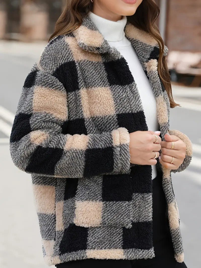 Plaid Button Teddy Jacket with Pockets - Women's Winter Jacket - Wild Eye Vision