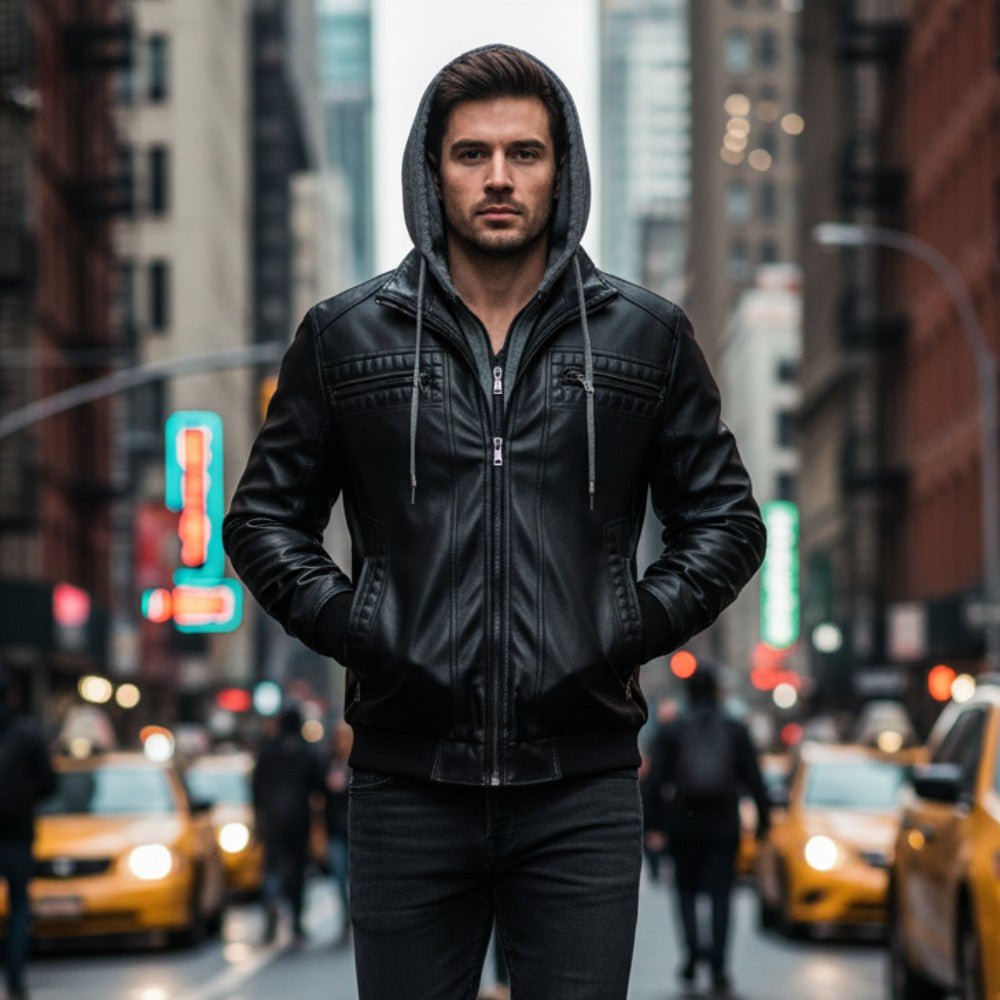 Retro Hooded Biker Jacket - Men's Leather Jacket - Wild Eye Vision