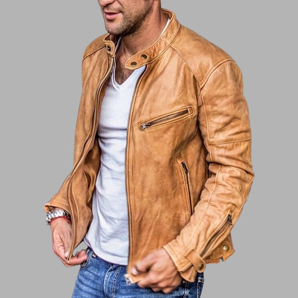Stand Collar Leather Street Jacket - Men's Leather Jacket - Wild Eye Vision