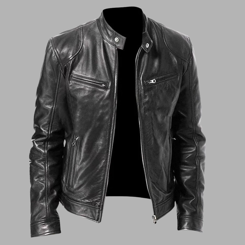 Stand Collar Leather Zip Jacket - Men's Leather Jacket - Wild Eye Vision