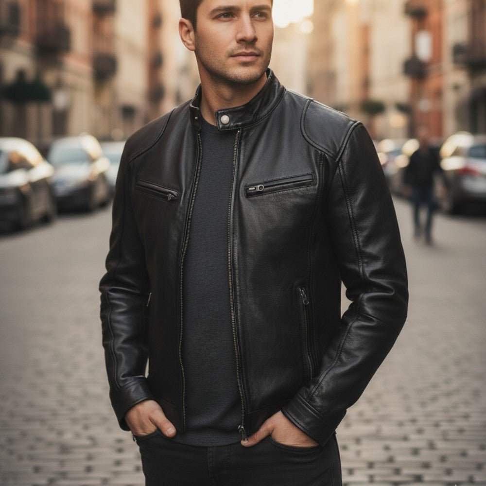 Stand Collar Leather Zip Jacket - Men's Leather Jacket - Wild Eye Vision