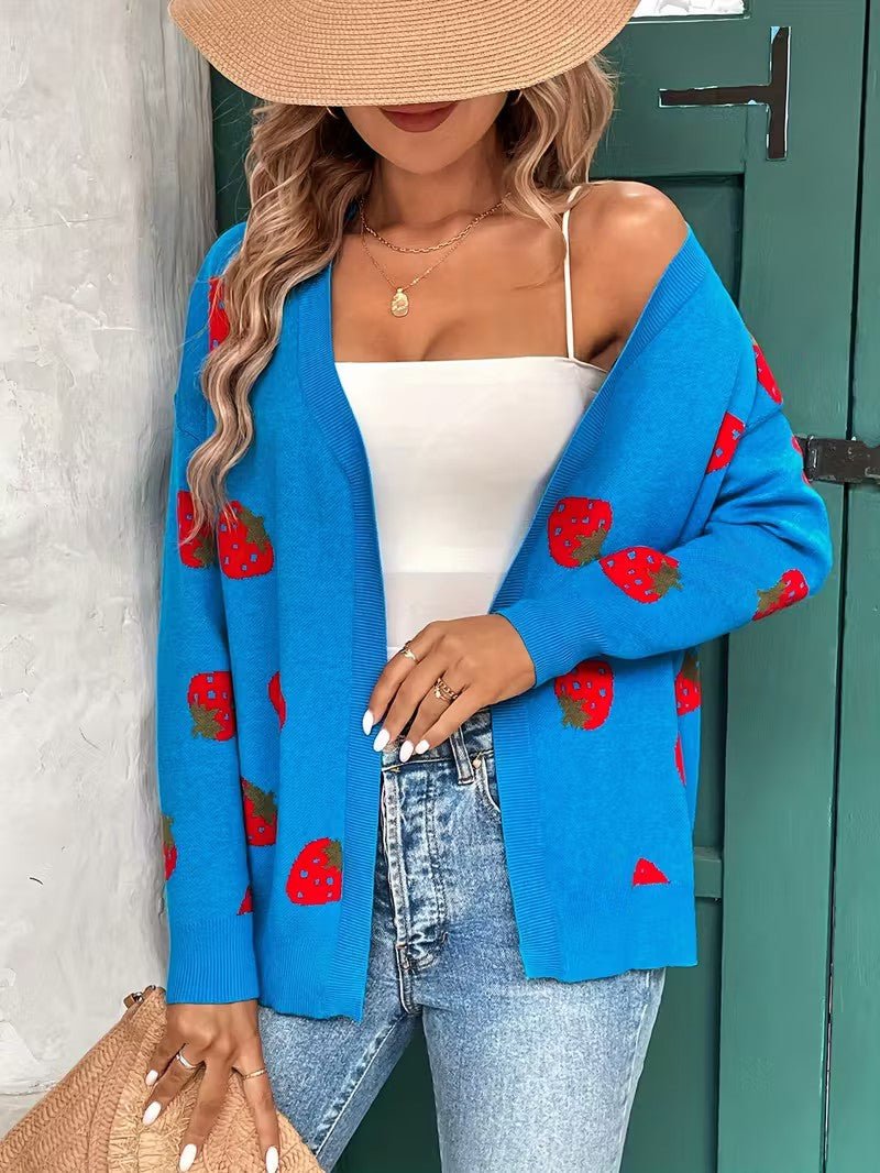 Strawberry Print Open Cardigan - Women Knit Cardigan - Wild Eye Vision