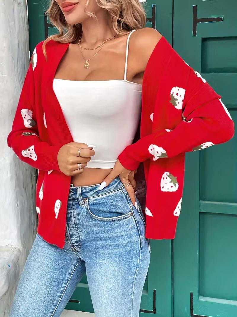 Strawberry Print Open Cardigan - Women Knit Cardigan - Wild Eye Vision