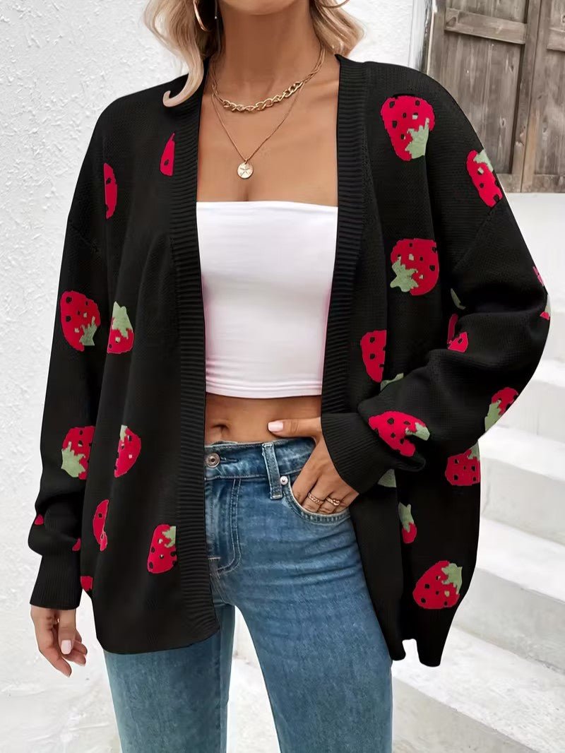 Strawberry Print Open Cardigan - Women Knit Cardigan - Wild Eye Vision