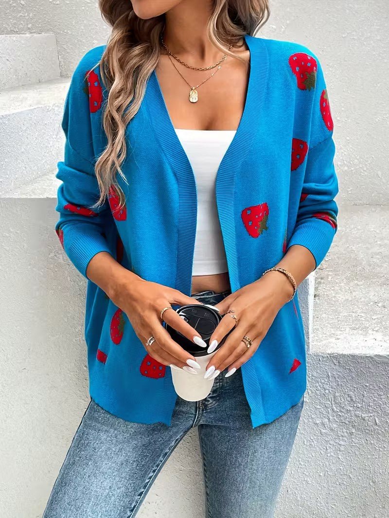 Strawberry Print Open Cardigan - Women Knit Cardigan - Wild Eye Vision