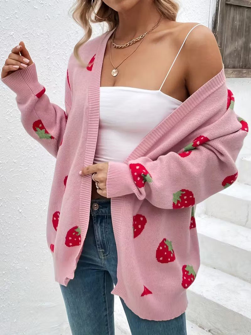 Strawberry Print Open Cardigan - Women Knit Cardigan - Wild Eye Vision