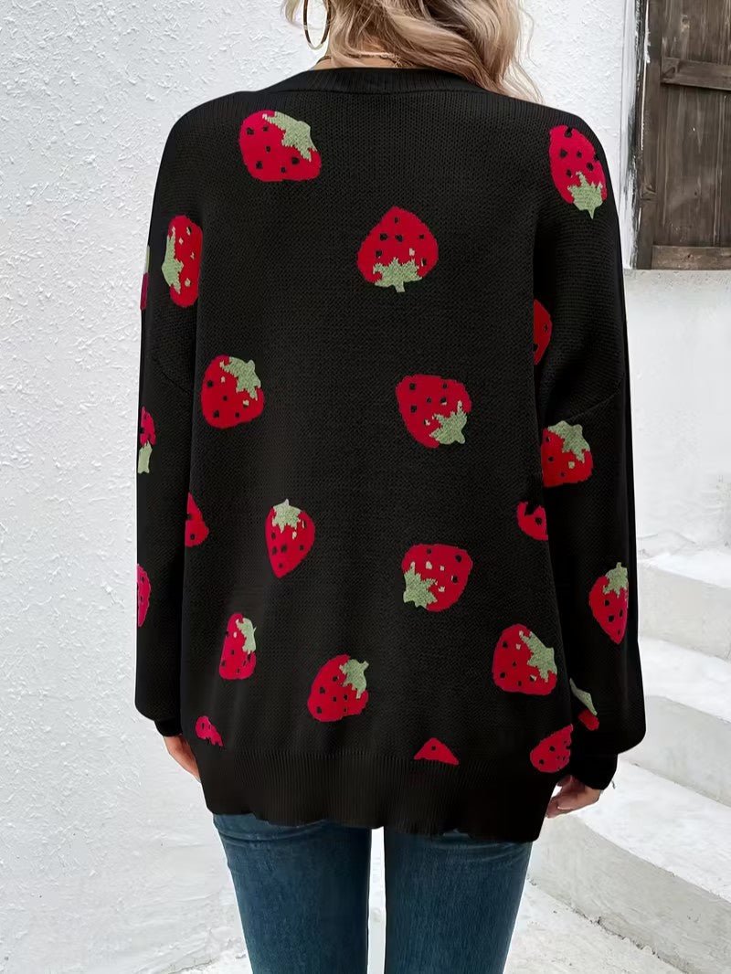 Strawberry Print Open Cardigan - Women Knit Cardigan - Wild Eye Vision