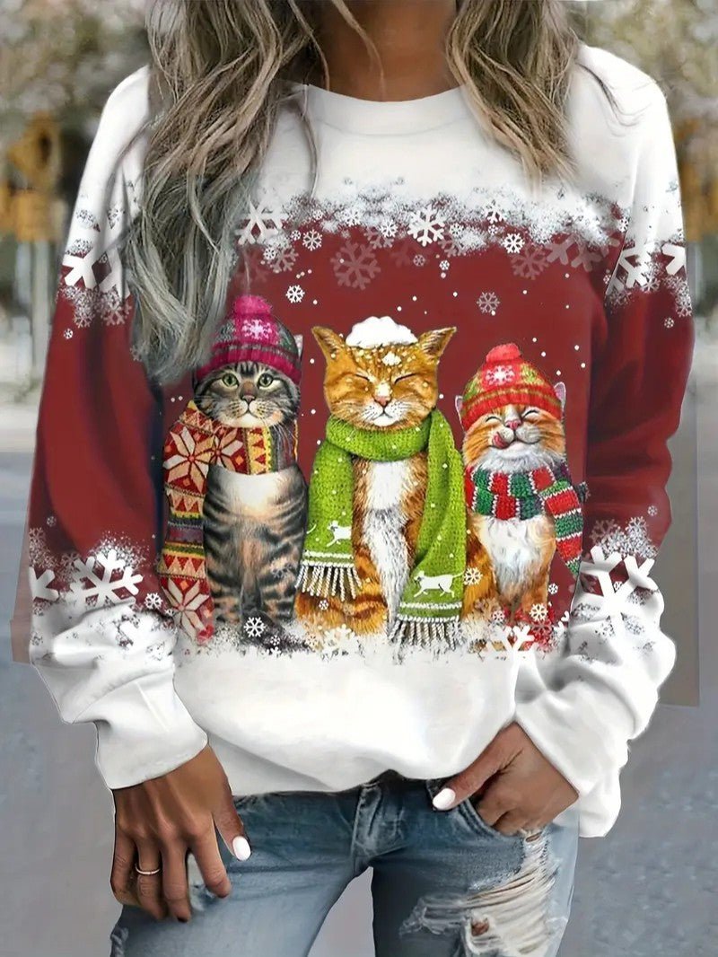 Women’s Christmas Cat Print Crewneck Sweatshirt - Ladies Christmas Jumpers - Wild Eye Vision