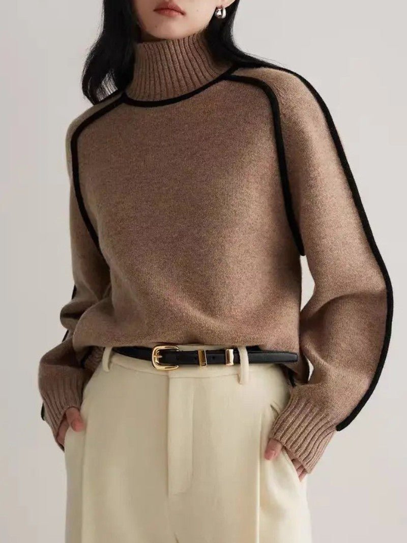 Women’s Oversized Turtleneck Sweater with Contrast Sleeve Trim - Women Jumper - Wild Eye Vision