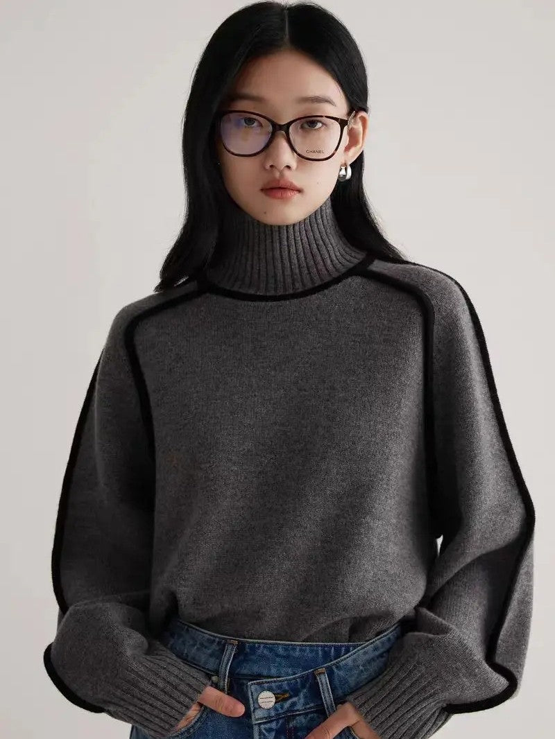Women’s Oversized Turtleneck Sweater with Contrast Sleeve Trim - Women Jumper - Wild Eye Vision