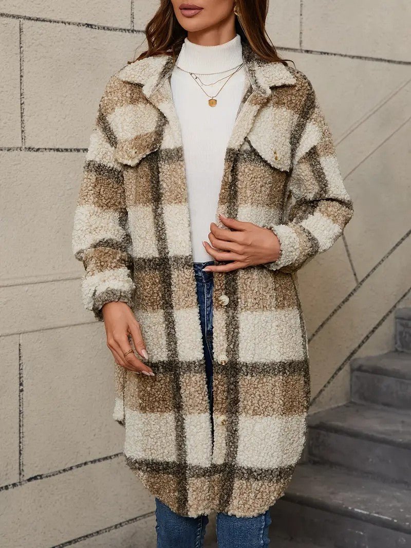 Women's Plaid Fuzzy Long Coat - Women's Coat - Wild Eye Vision