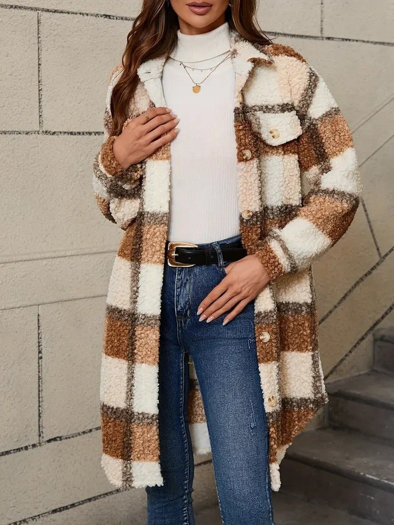 Women's Plaid Fuzzy Long Coat - Women's Coat - Wild Eye Vision