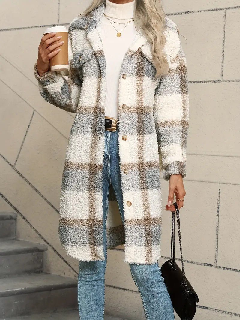 Women's Plaid Fuzzy Long Coat - Women's Coat - Wild Eye Vision