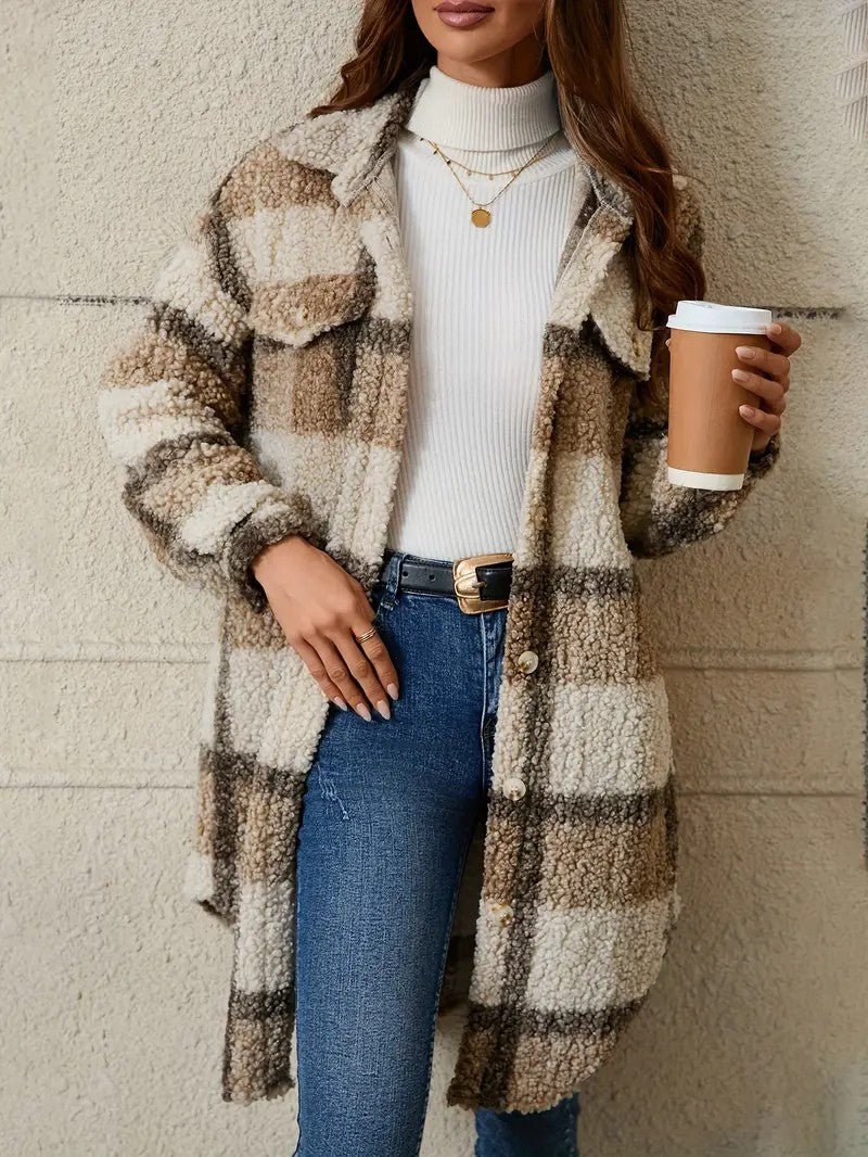 Women's Plaid Fuzzy Long Coat - Women's Coat - Wild Eye Vision
