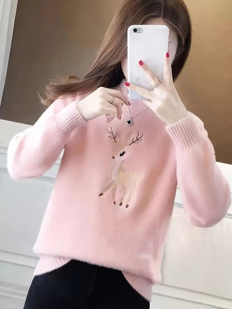 Women’s Reindeer Embroidered Half - Turtleneck Sweater - Ladies Christmas Jumpers - Wild Eye Vision