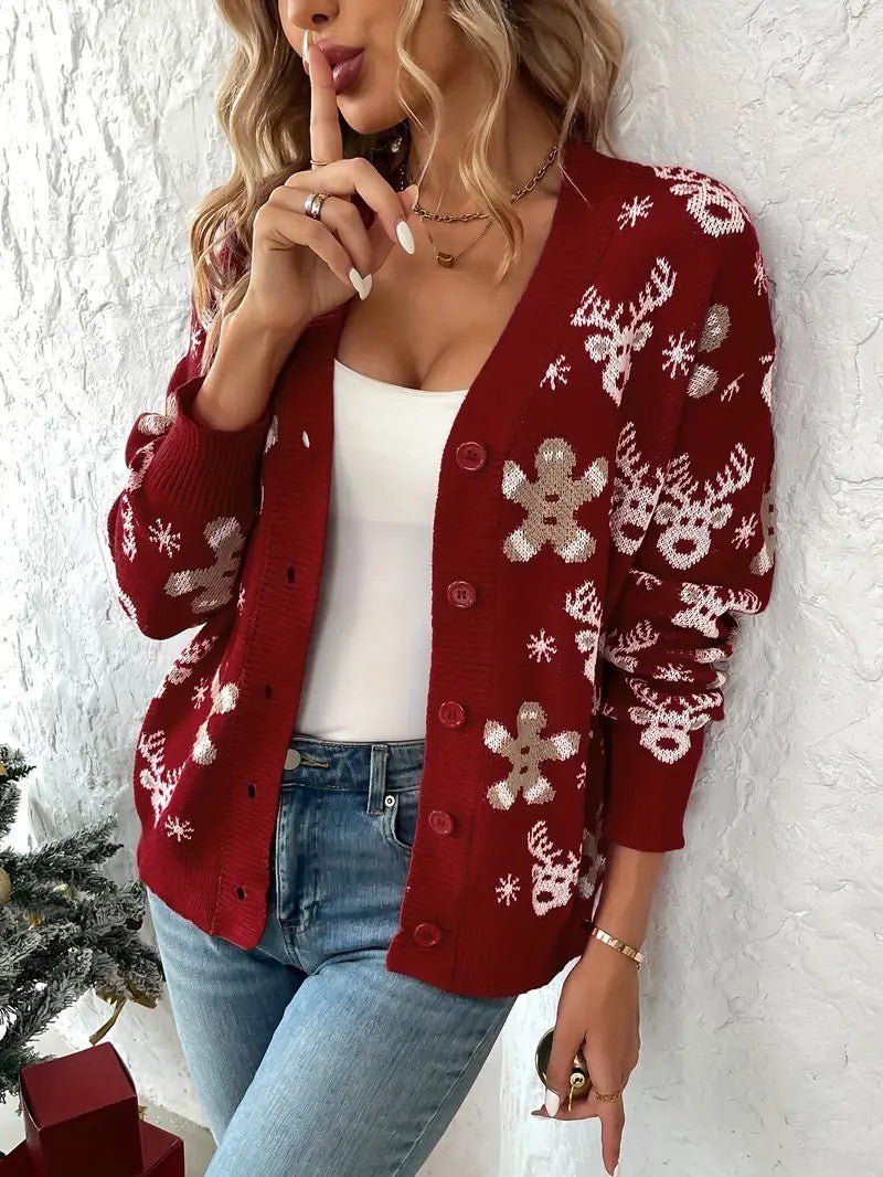 Women’s Reindeer & Snowflake V - Neck Cardigan - Ladies Christmas Jumpers - Wild Eye Vision