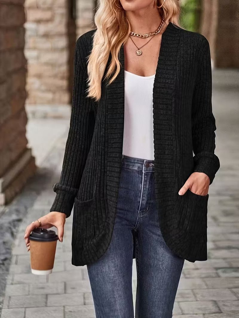 Women's Ribbed Knit Cardigan with Pockets - Women Knit Cardigan - Wild Eye Vision