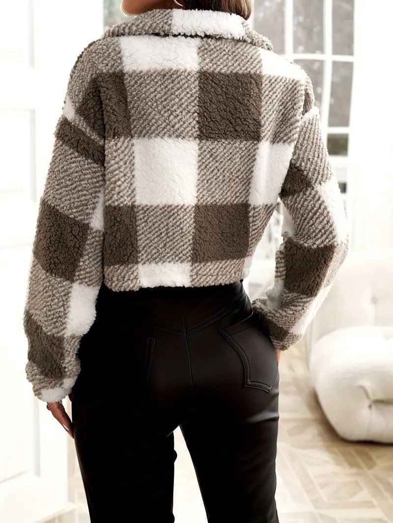 Zip - Up Plaid Teddy Knit Jacket - Women's Winter Jacket - Wild Eye Vision